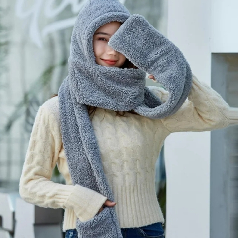 3-in-1 Fluffy Gray Scarf with Hood & Pockets